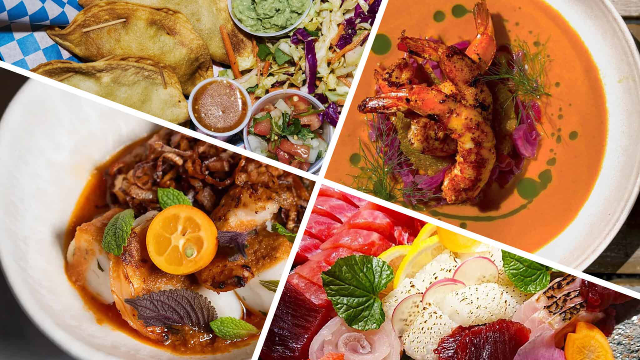 A collage of four different dishes from the newest Seattle restaurant openings: fried tortillas with sides, grilled shrimp in a red sauce, a dish with roasted chicken in broth, and a colorful platter of sliced fruits and vegetables.