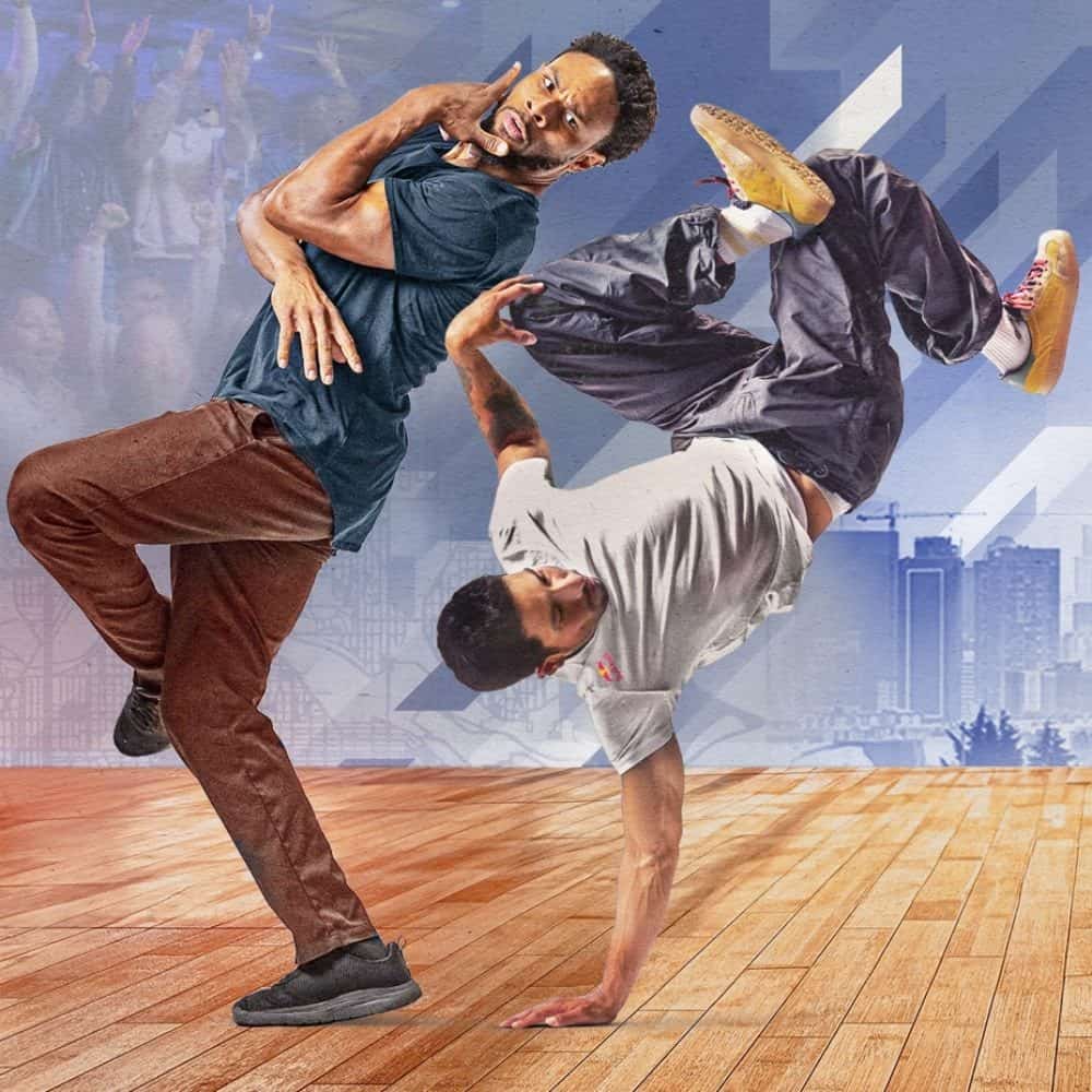 Two dancers perform dynamic breakdance moves against an urban backdrop collage, featured on April 4-10 Must List.