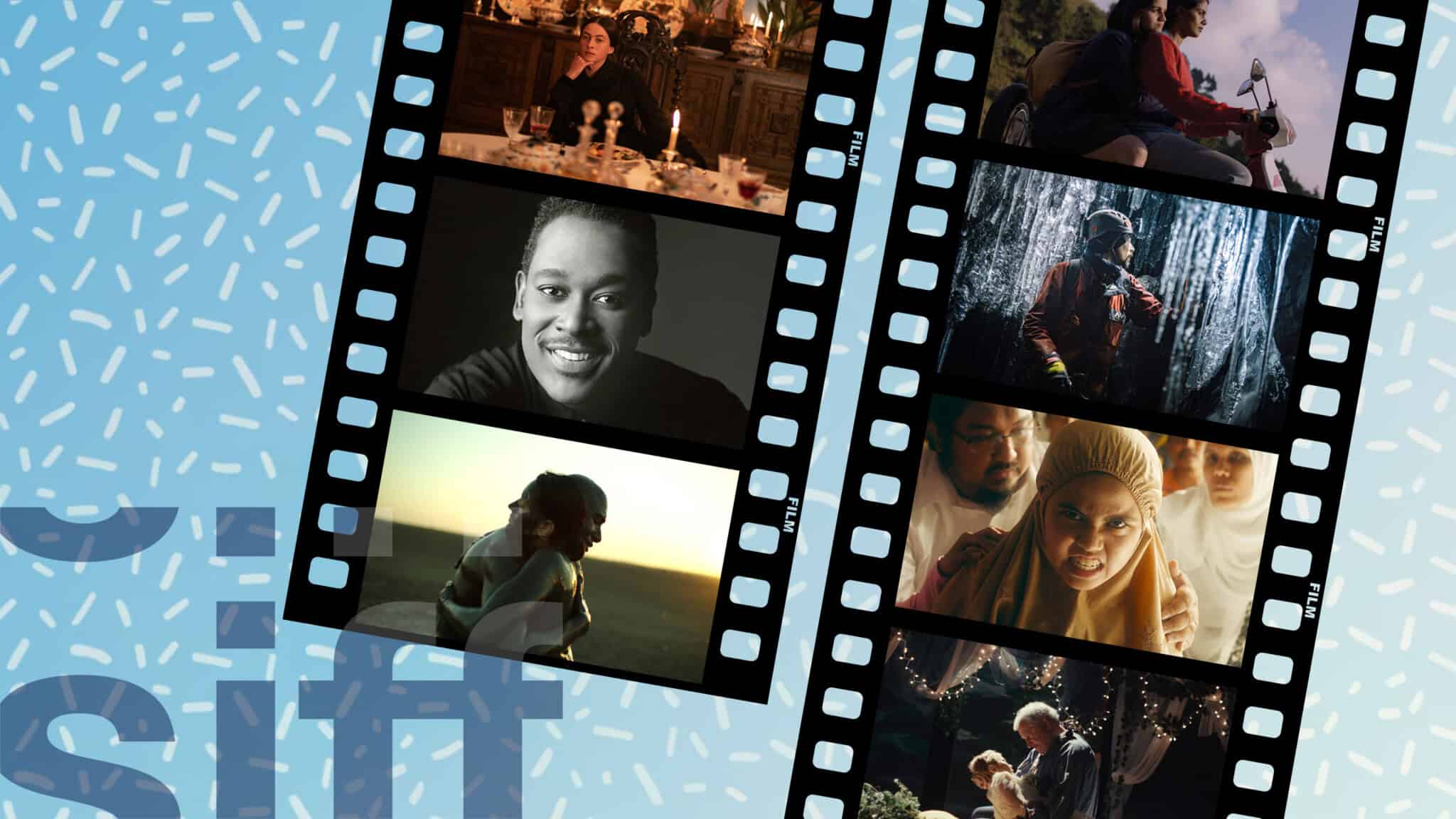 A collage of film stills this week at SIFF features various scenes: people dining, riding a scooter, a close-up of a smiling face, a soldier, a sunset embrace, a tense confrontation, and a person with a baby.