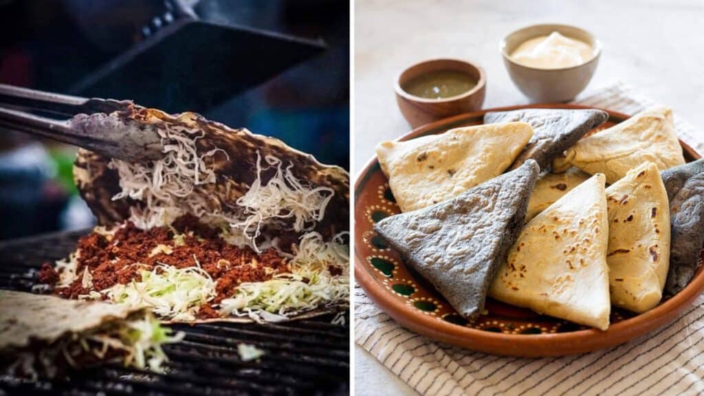 Left: a close-up of shredded meat being grilled at the Alebrijes Oaxacan Kitchen food truck, garnished with spices. Right: a plate of folded tortillas accompanied by cond