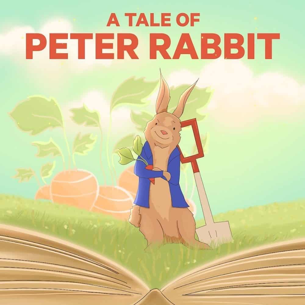 Illustration of the book "A Tale of Peter Rabbit" showing Peter Rabbit with a shovel, standing amid large carrots, with the story's pages spread below. This must-list event is scheduled for 