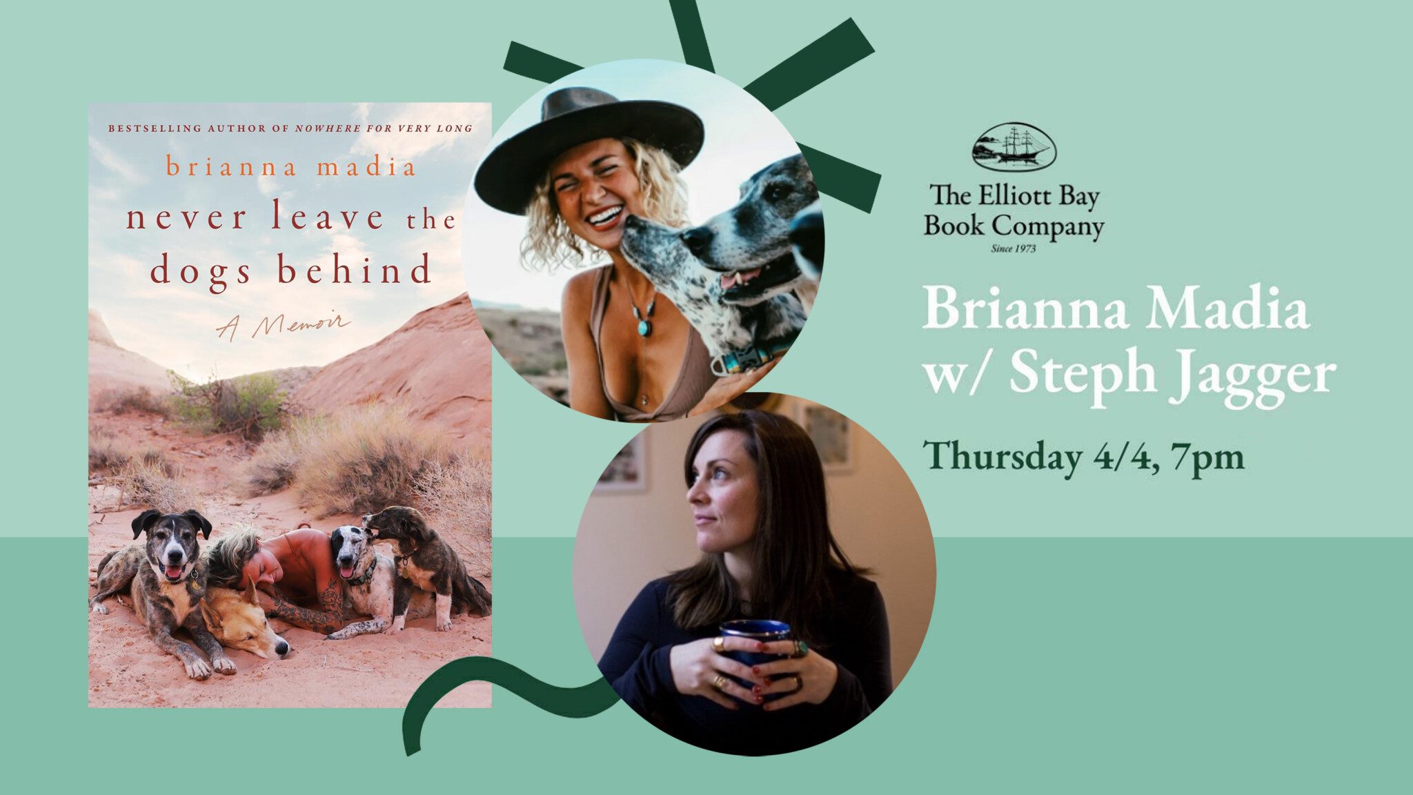 Promotional graphic for an event featuring Brianna Madia and Steph Jagger at the Elliott Bay Book Company on Thursday, April 4, at 7 pm, highlighting Brianna Madia's book