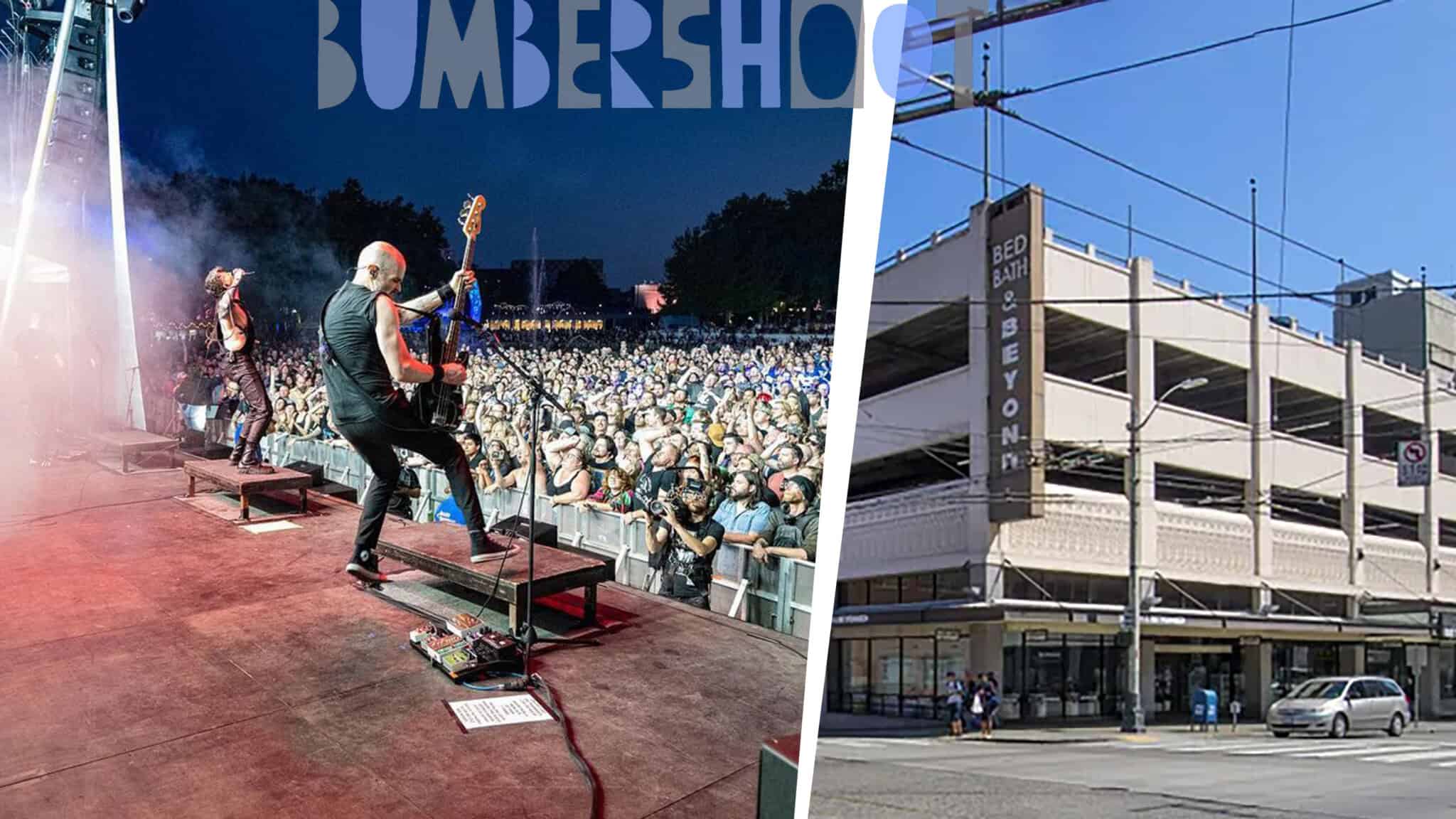 Left: a guitarist performs energetically on stage at the Bumbershoot music festival with a large audience. Right: exterior view of a multi-level parking garage in an urban setting.