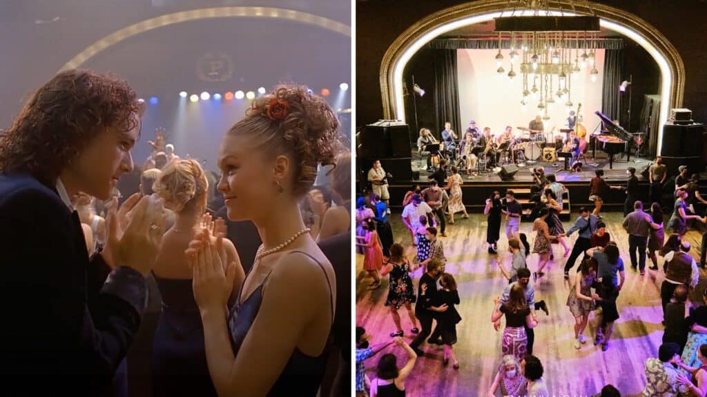 Left: a young couple dancing closely in a dimly lit ballroom. Right: an overhead view of people dancing at a lively concert celebrating "10 Things I Hate About You Turns 25" with