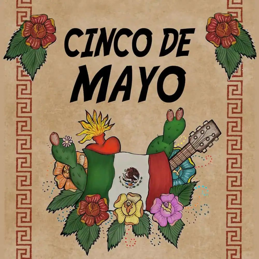 Illustration for Cinco de Mayo featuring Mexican symbols such as a guitar, cacti, and flowers, centered around a heart with the Mexican flag on a festive border background.