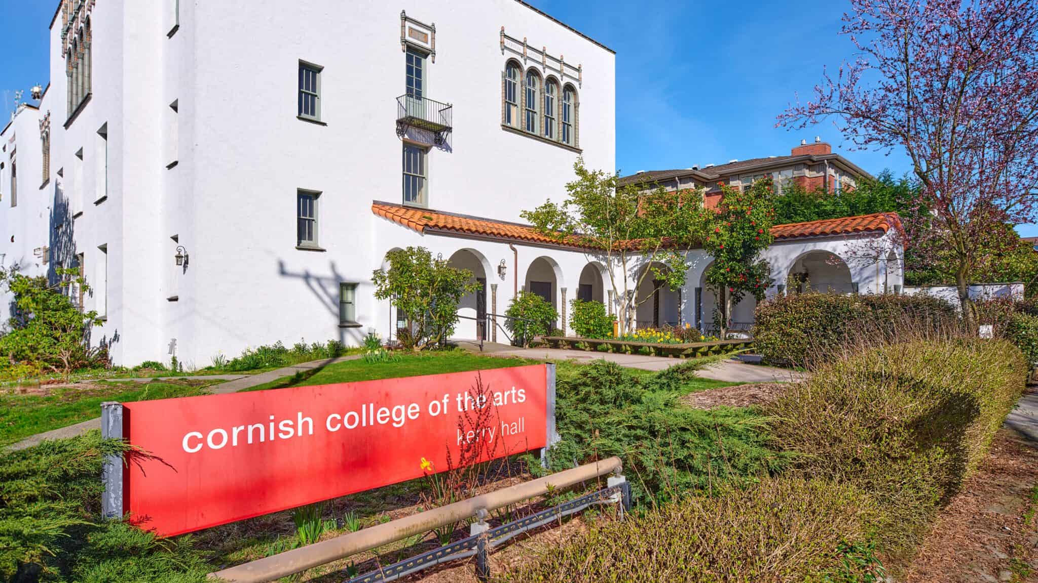 Exterior view of the historic Cornish College of the Arts' Kerry Hall on a sunny day with clear skies.