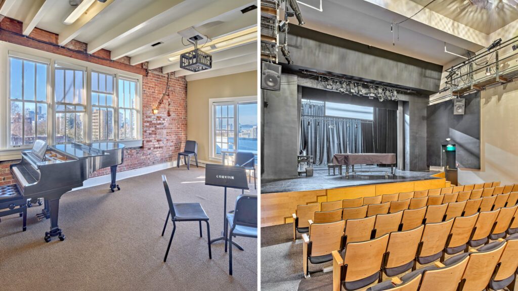 Side-by-side comparison of a sunlit rehearsal room with a piano and chairs, and an empty theater with seating facing a stage equipped with lighting rigs.