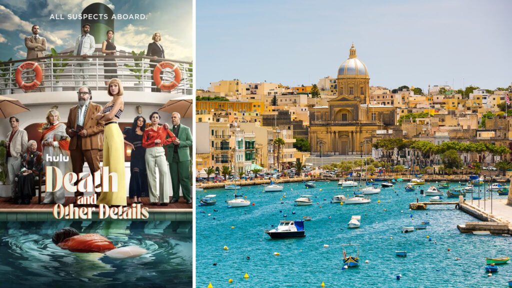 A promotional poster for a Hulu series about Group Getaways next to a scenic view of a coastal city with boats.