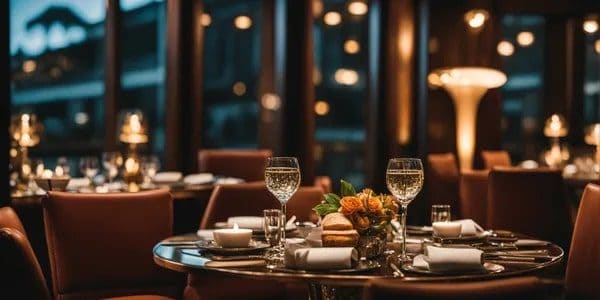 Elegant dining setup with wine glasses, plates, and a small bouquet on a round table in a dimly lit restaurant with plush seating, featured in Seattle magazine.