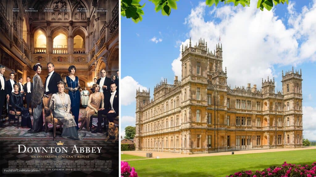 A promotional poster for the "Downton Abbey" movie, ideal for group getaways, featuring cast members in period costume alongside an exterior view of the grand building used as the show's setting.