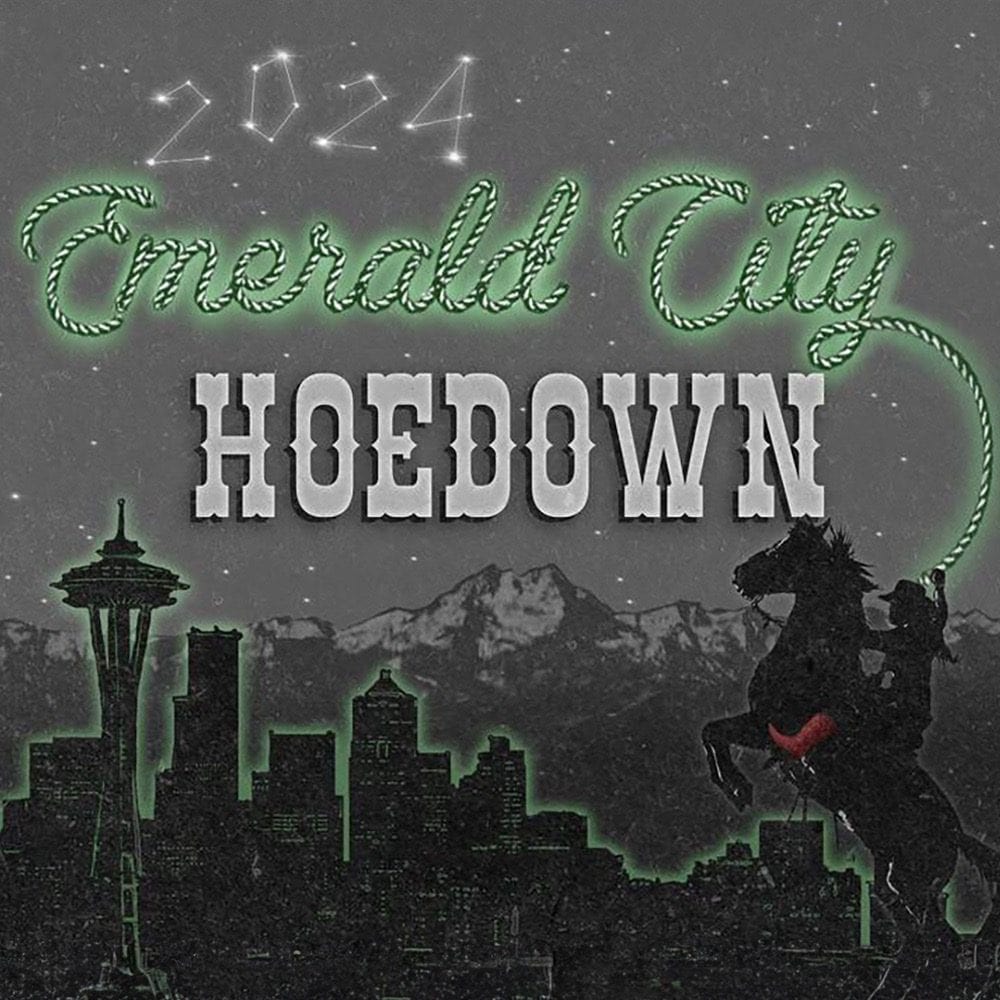 2024 Emerald City Hoedown event poster, must list April 4-10, featuring a silhouette of a cowboy on a horse, city skyline, and mountain backdrop.