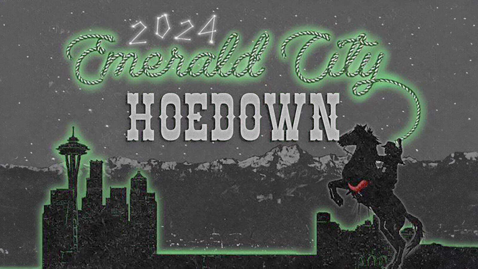 2024 Emerald City Hoedown poster featuring a silhouetted cowboy on a bucking horse with a stylized city skyline in the background.