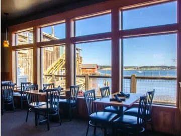 Interior of a restaurant with large windows overlooking a sunny waterfront view in Seattle, featuring empty tables and chairs.