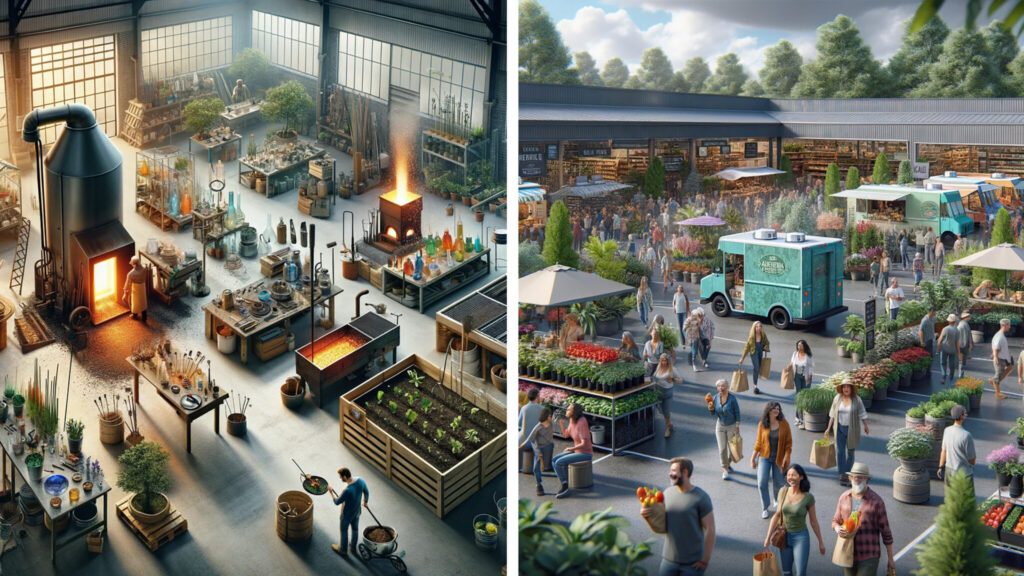 Left: an industrial-style workshop with several artisans crafting items. Right: an outdoor urban market bustling with visitors and various stalls by Molbak’s Garden + Home.