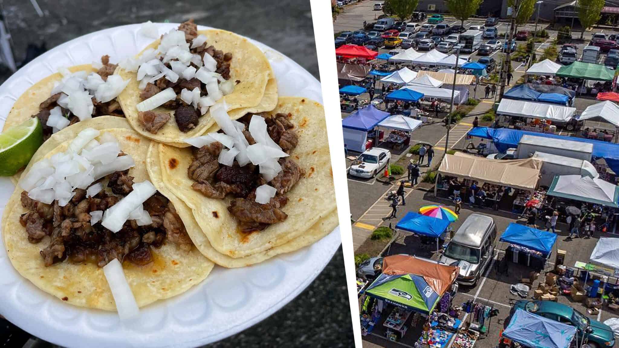 Left: a plate of three steak tacos with onions and lime. Right: Hidden Gems Weekend market with various vendor tents.