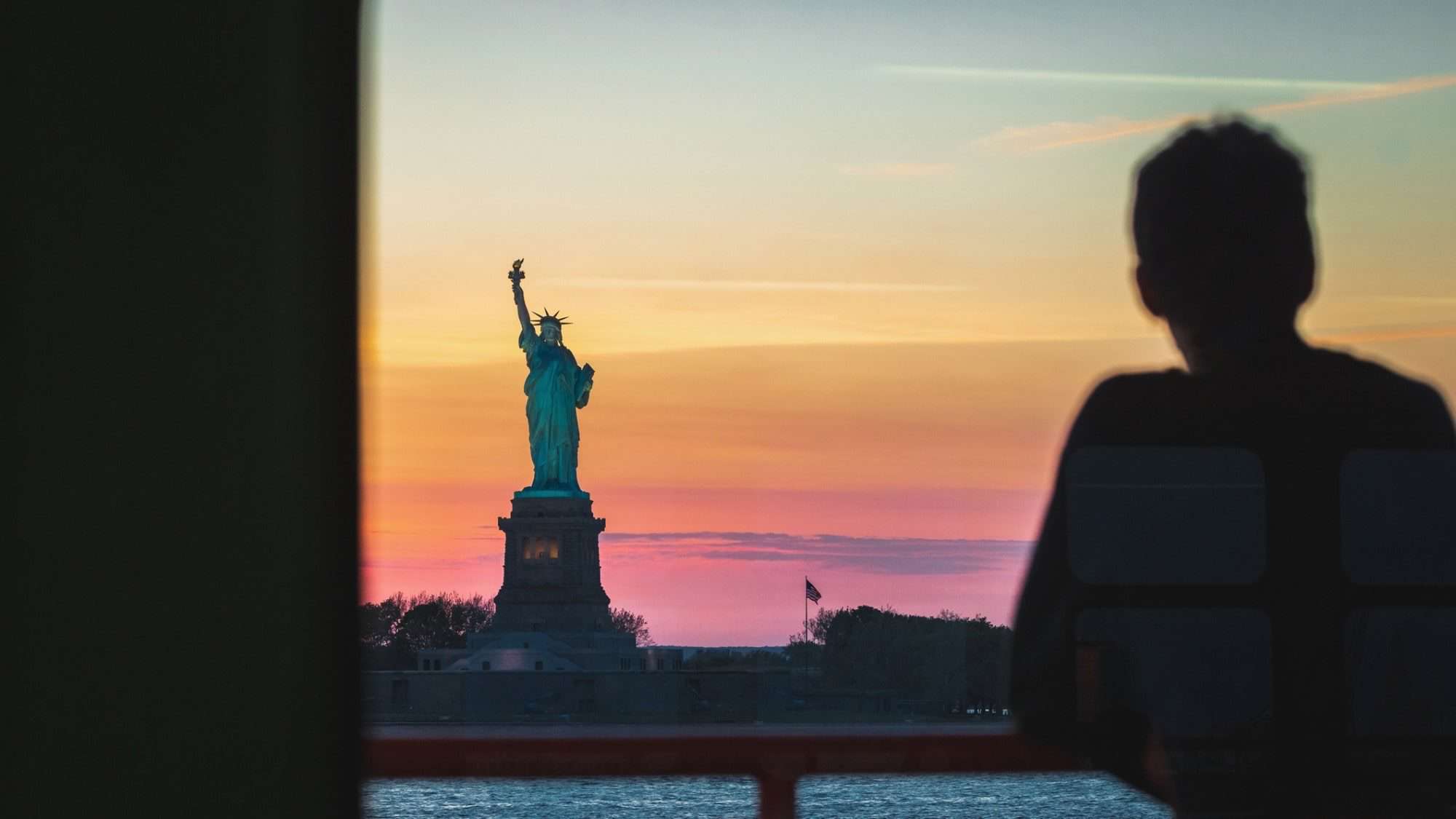 New York sunset and the Statue of Liberty