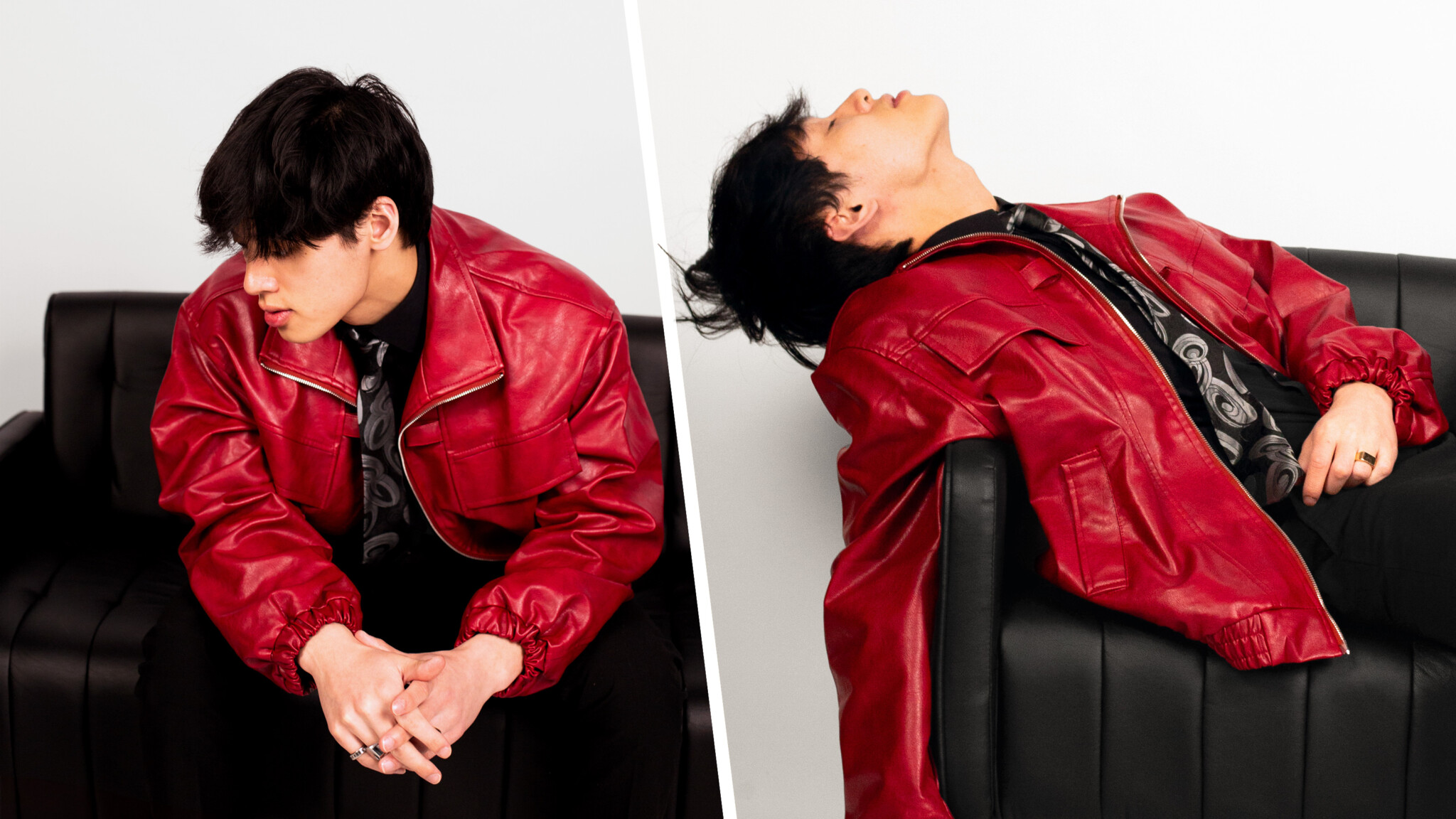 A person in a red jacket and black pants is sitting on a black couch in two different poses: one looking down and the other leaning back, embodying the creativity and focus of Johnny Huynh, a Mechanical Engineering Student and Voice of a New Generation.