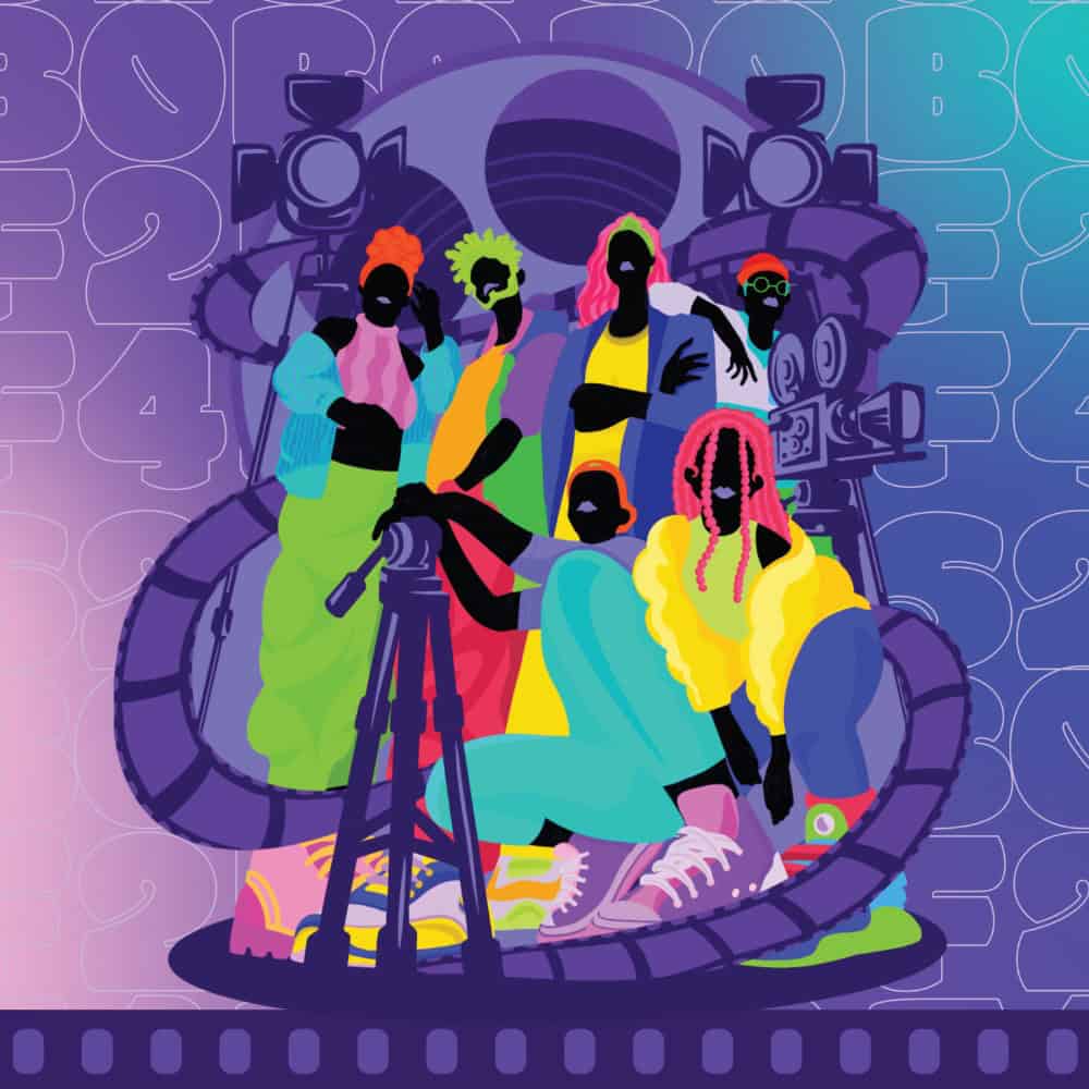 Illustration of seven diverse individuals with unique hairstyles and colorful clothing, posing with a camera on a tripod, against a backdrop of abstract shapes and letters. Must List: April 25-May 1.