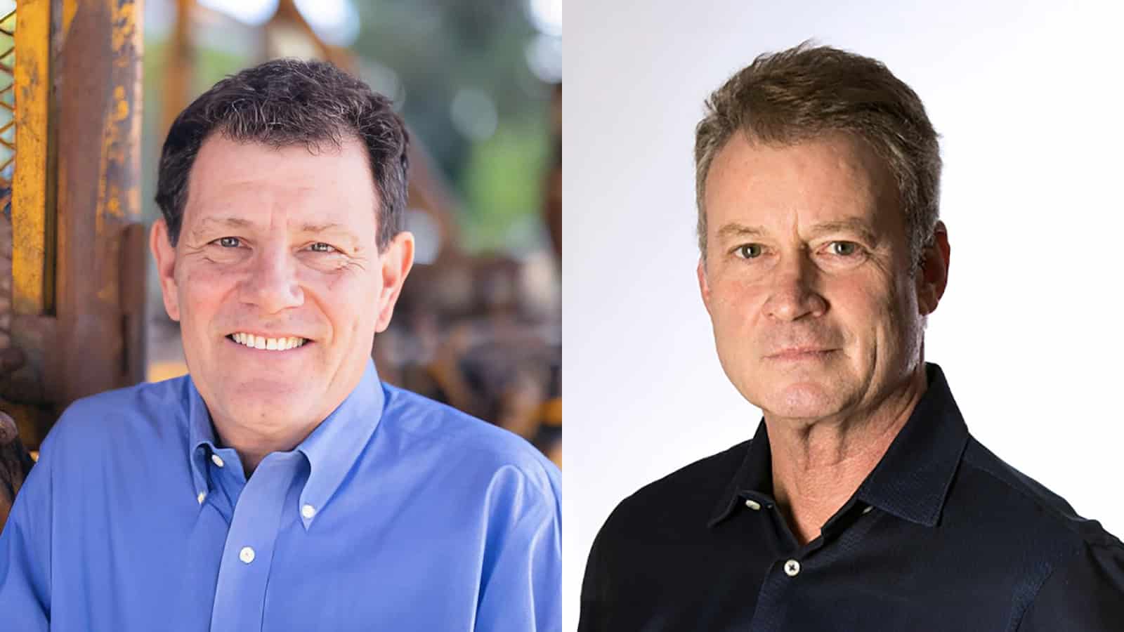 Two men, one of whom is Nicholas D. Kristof, are shown side by side in separate images. On the left is a man with short dark hair, wearing a blue shirt and smiling. On the right is a man with short light brown hair in a black shirt, displaying a neutral expression.