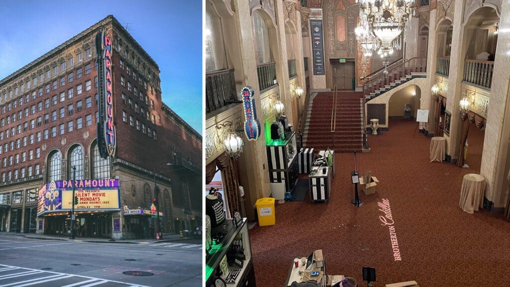 Left: exterior of the Paramount Theater with neon lights, celebrating the 25th anniversary of "10 Things I Hate About You," set in an urban street. Right: interior of the theater showcasing elaborate