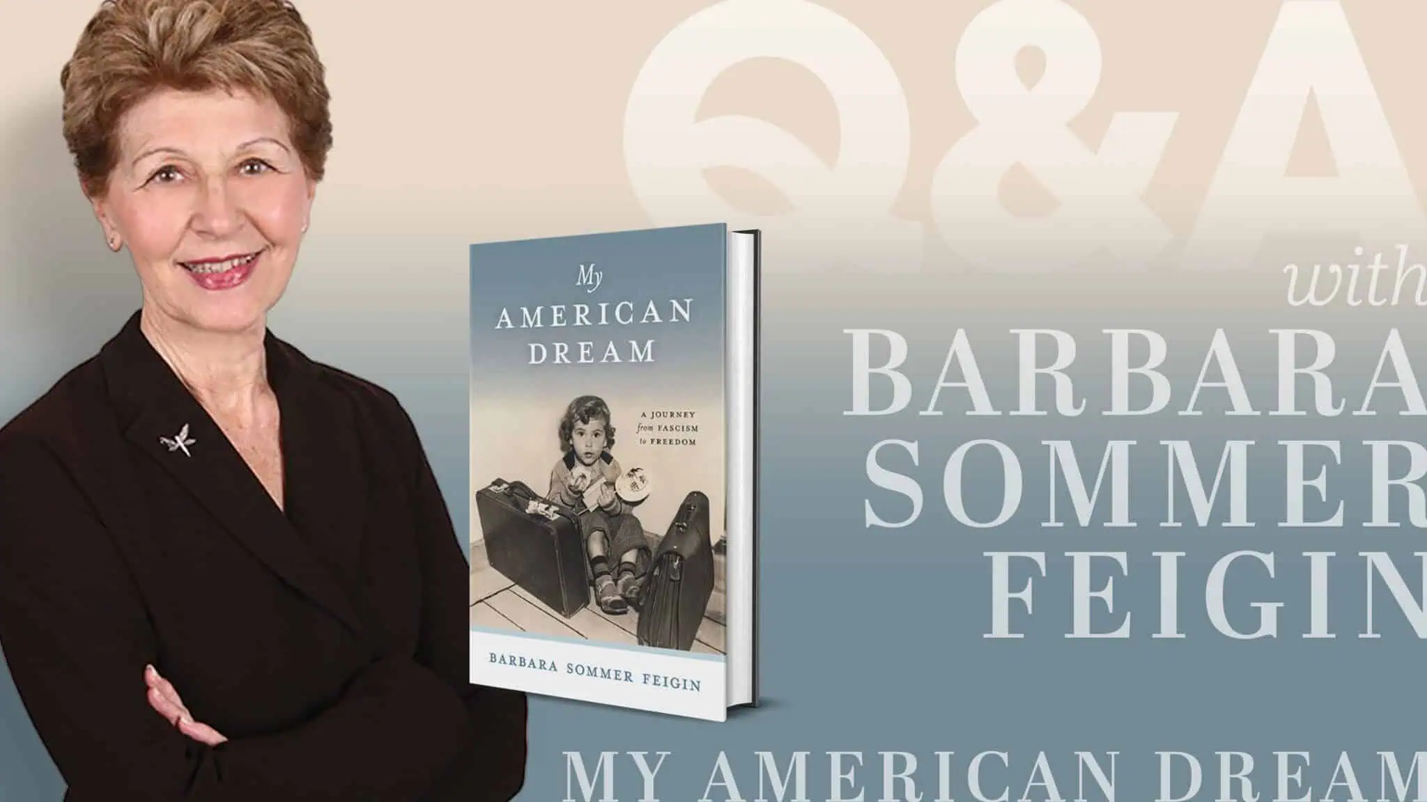 Author Barbara Sommer Feigin, a woman in literature, stands beside a promotional poster for her book "My American Dream," which features the book cover.