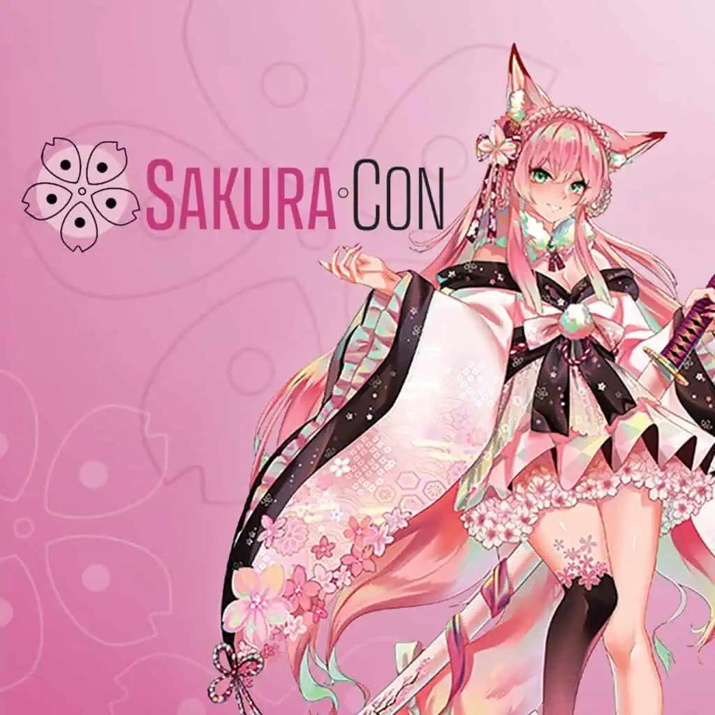 Anime-inspired character dressed in a sakura-themed costume with the text "sakura-con" on a pink floral background, making it a must-list event for March 28-April 3.