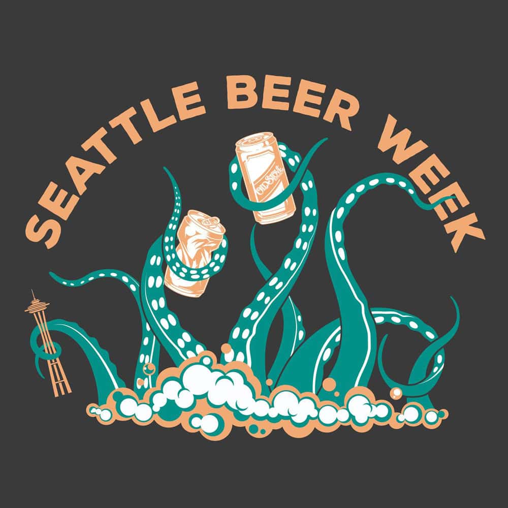 Illustration of teal octopus tentacles holding beer cans, with frothy bubbles below and the Space Needle to the left. Text above reads "Seattle Beer Week: Must List 05-16-2024.”