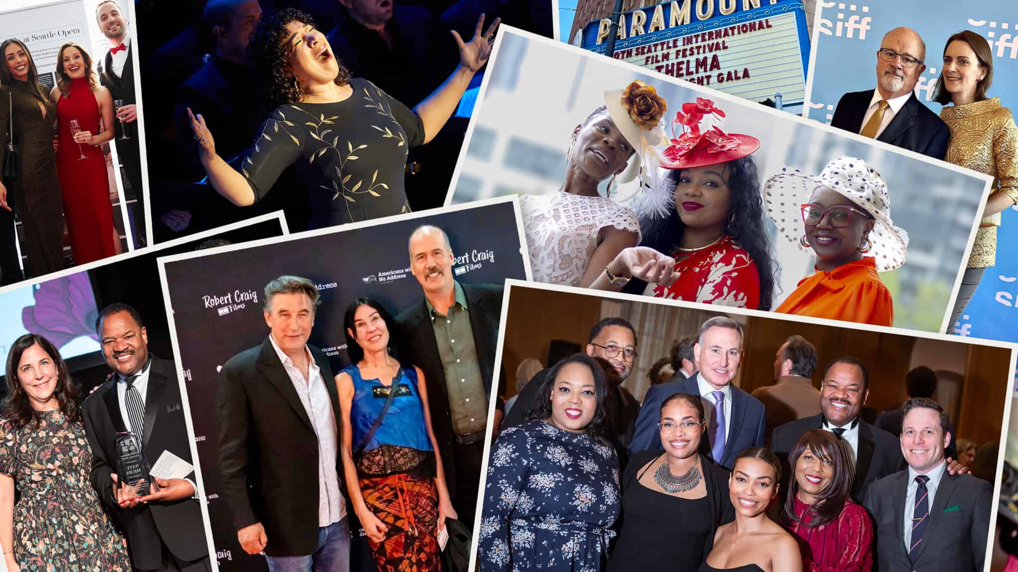 A collage of people in various group settings at formal events, some celebrating, posing in front of banners, or smiling for group photos, all under the vibrant spotlight of Seattle’s diverse society.