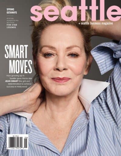 Cover of seattle business magazine featuring jean smart, wearing a striped blue blouse, with the headline "smart moves.