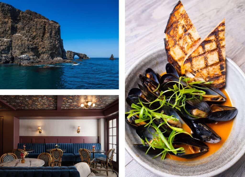 Collage of three images: a rocky California coastal scene, mussels with toast on a plate, and an elegant restaurant interior with blue chairs.