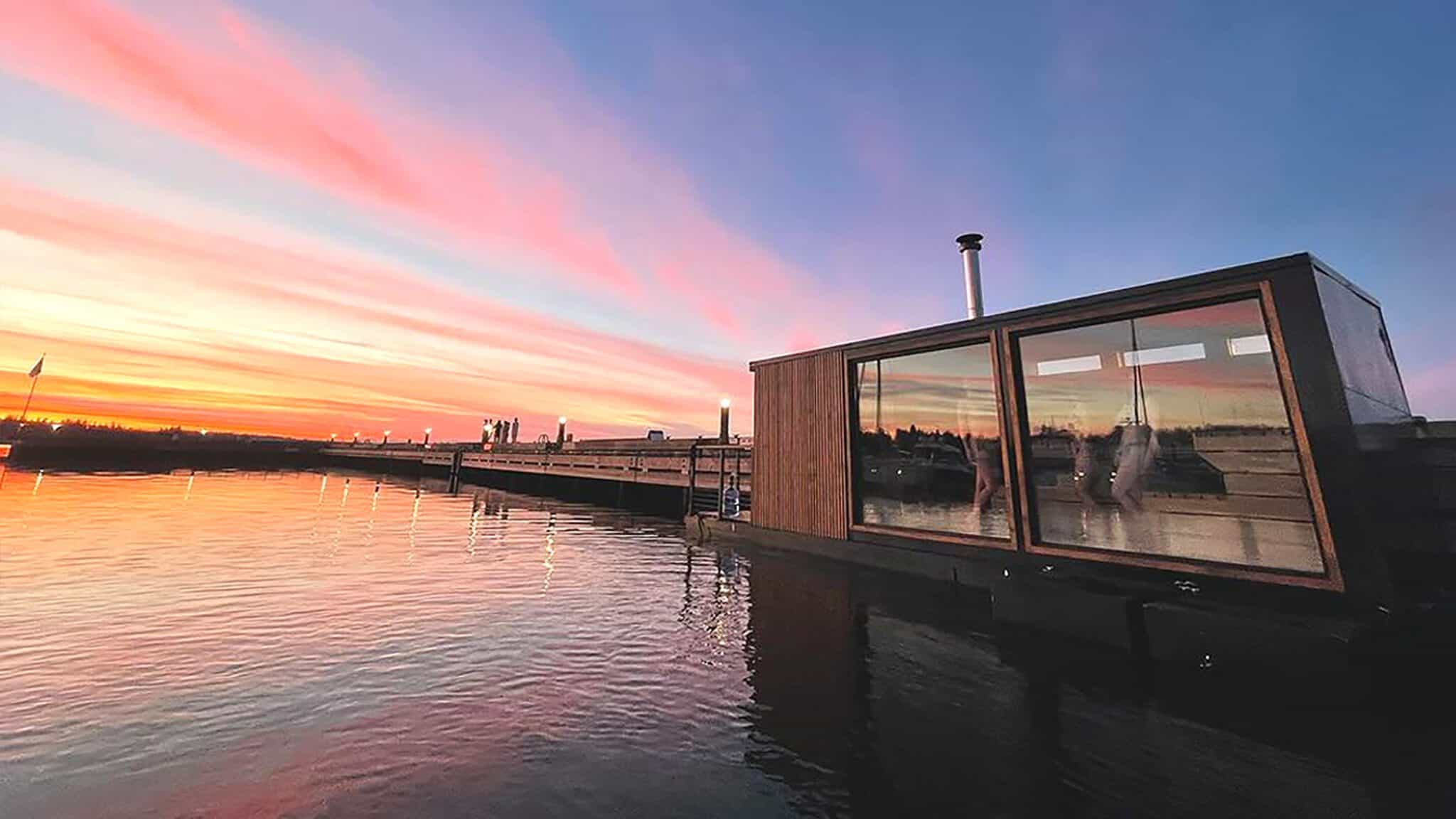 Lake Washington's floating sauna offers a serene retreat.