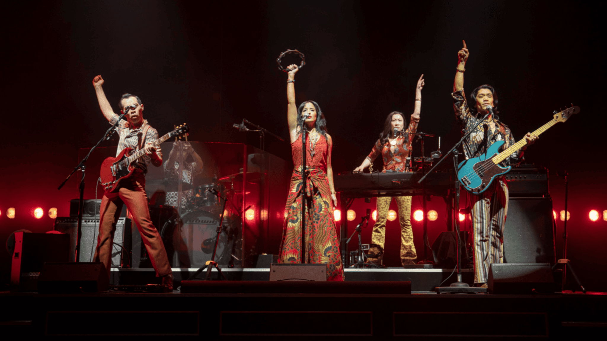 In "Cambodian Rock Band," the cast members double up as musicians in the live band. From left, Abraham Kim, Joe Ngo, Brooke Ishibashi, Jane Lui, and Tim Liu.