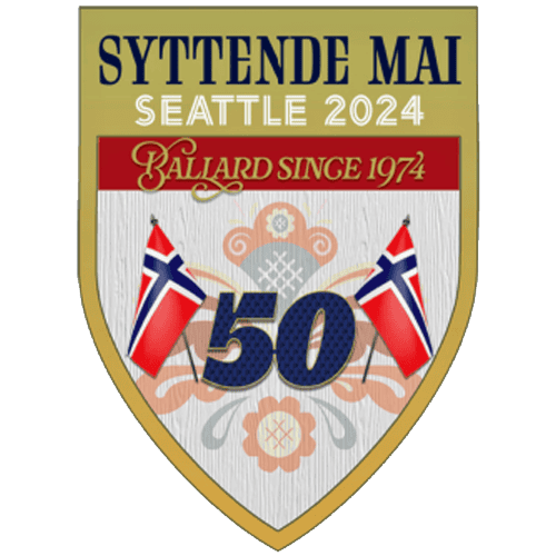 A badge for Seattle's 2024 Syttende Mai celebration, featuring two Norwegian flags and the number 50, marking 50 years of Ballard's involvement since 1974. Hip hurra for Norwegian Constitution Day!